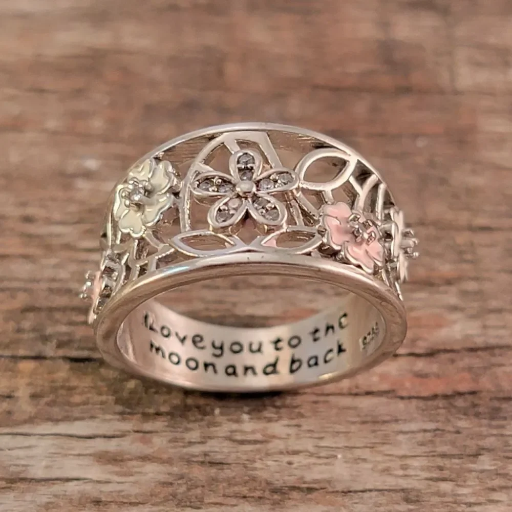 Sterling Openwork CZ Enamel Flowers Ring - Picture 2 of 8